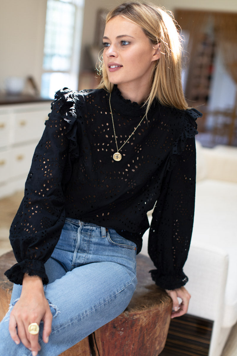 Pearl Long Sleeve Blouse - Black Eyelet