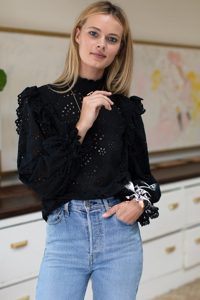 Pearl Blouse Long Sleeve - Black Eyelet - Emerson Fry