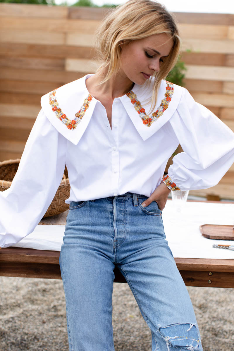 Petra Long Sleeve Blouse - White Poplin