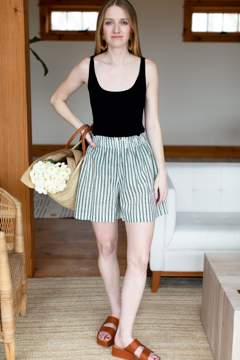 Pull On Shorts - Moss Stripe Lightweight Cotton Organic