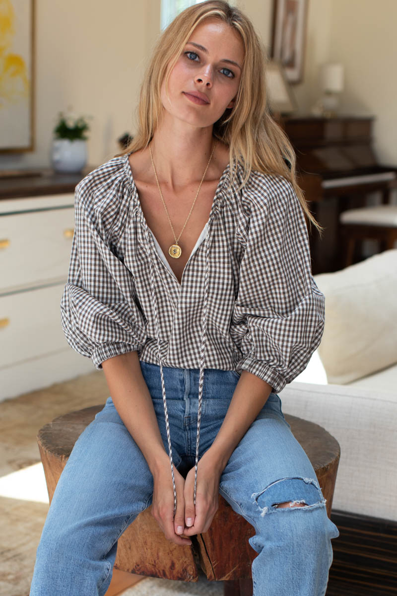 Rakel Keyhole Blouse - Gingham Coffee