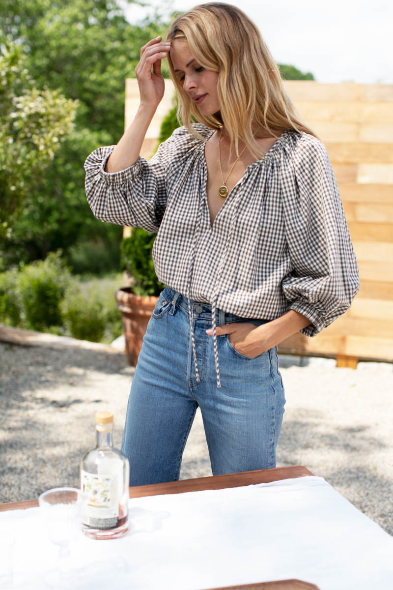 Rakel Keyhole Blouse - Gingham Coffee