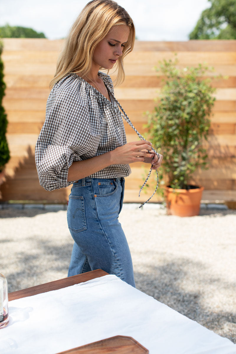 Rakel Keyhole Blouse - Gingham Coffee