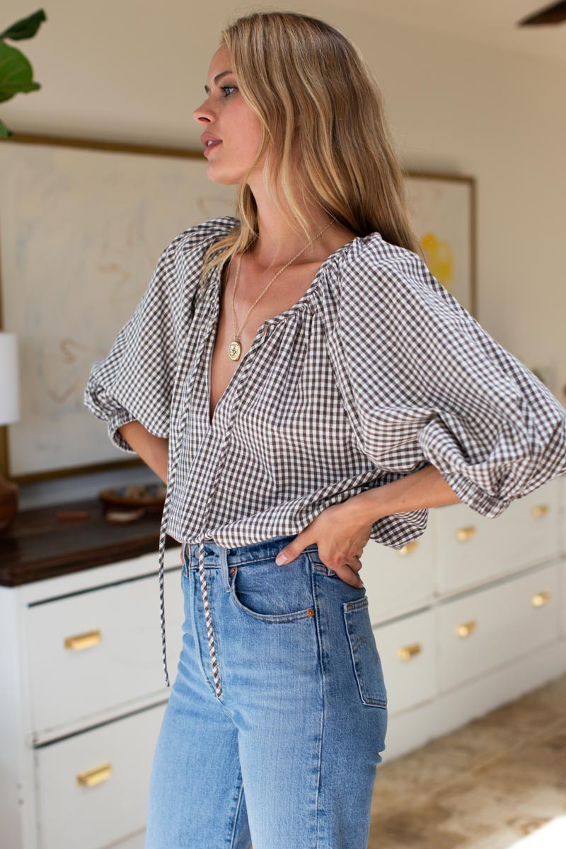 Rakel Keyhole Blouse - Gingham Coffee