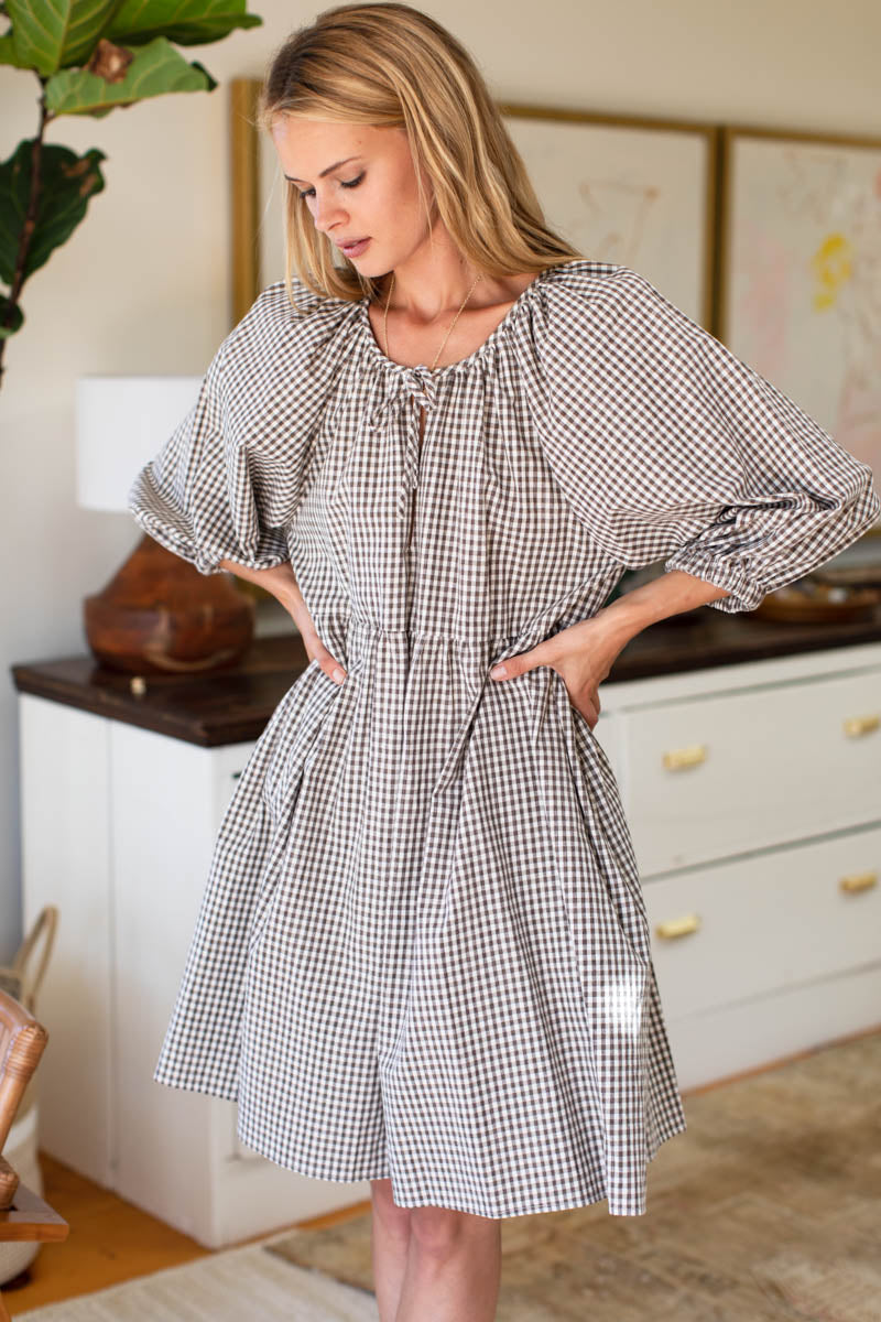 Rakel Keyhole Short Dress - Coffee Gingham