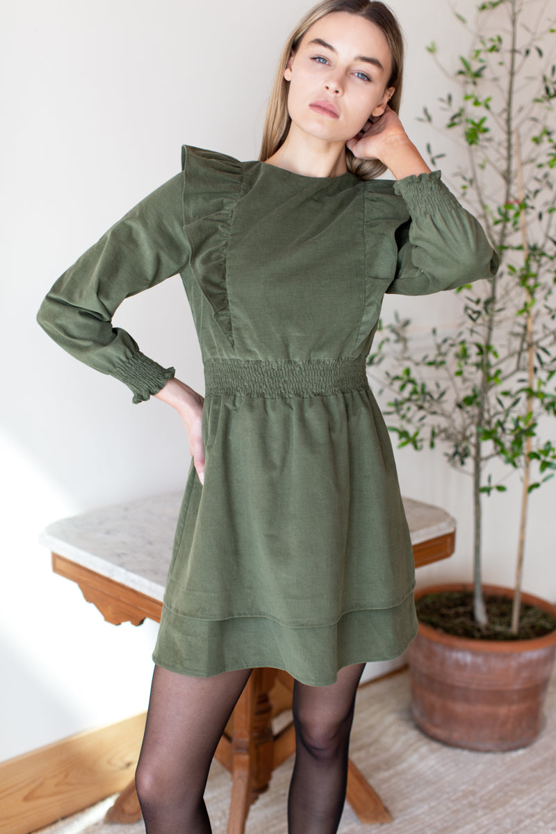 Ruffle Mini Dress - Fern Corduroy