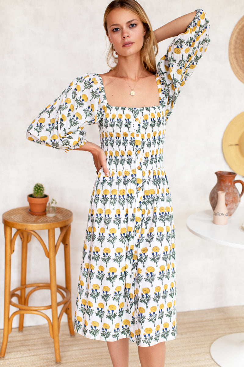 Santiago 2 Long Sleeve Dress - Big Marigolds White Organic