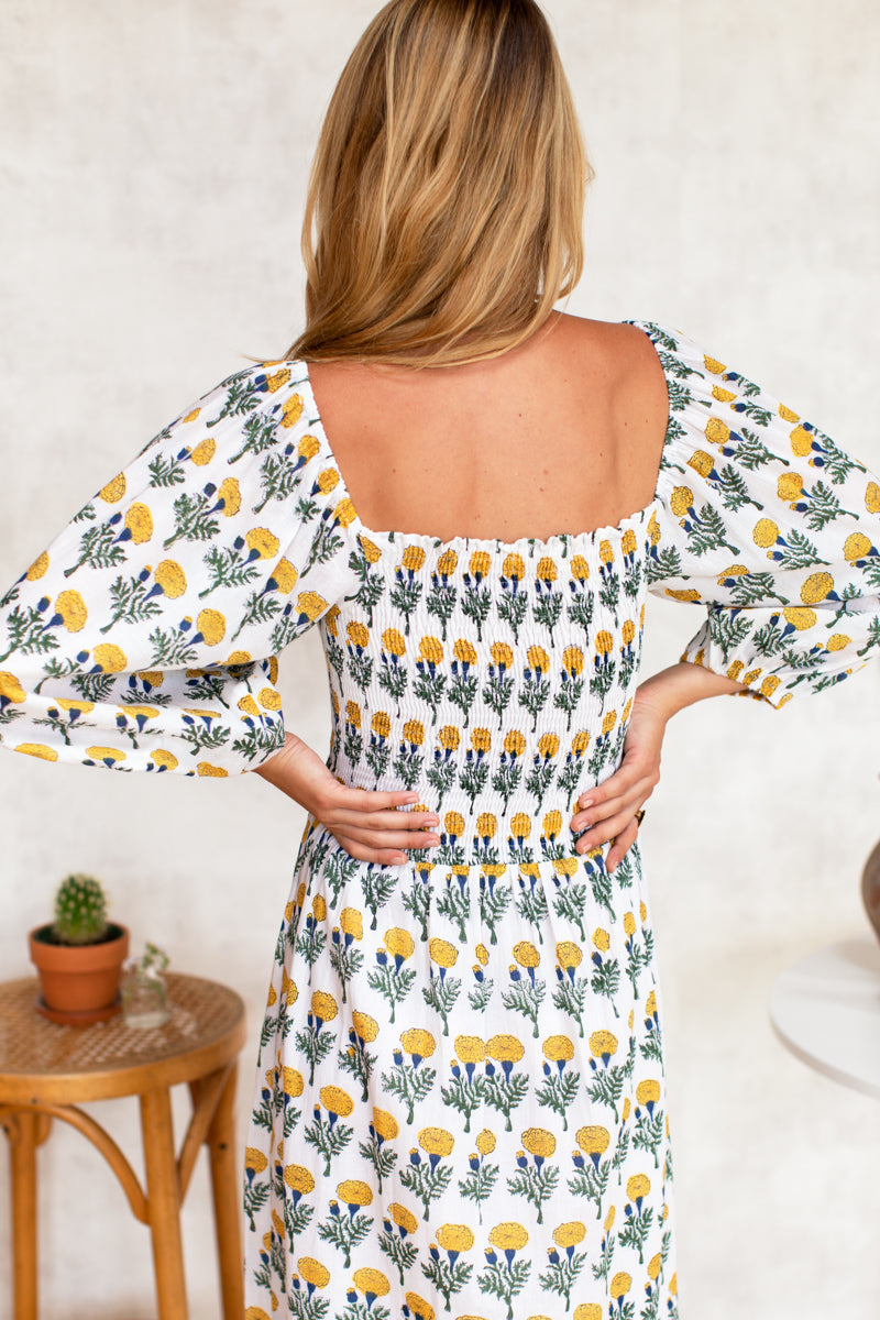 Santiago 2 Long Sleeve Dress - Big Marigolds White Organic