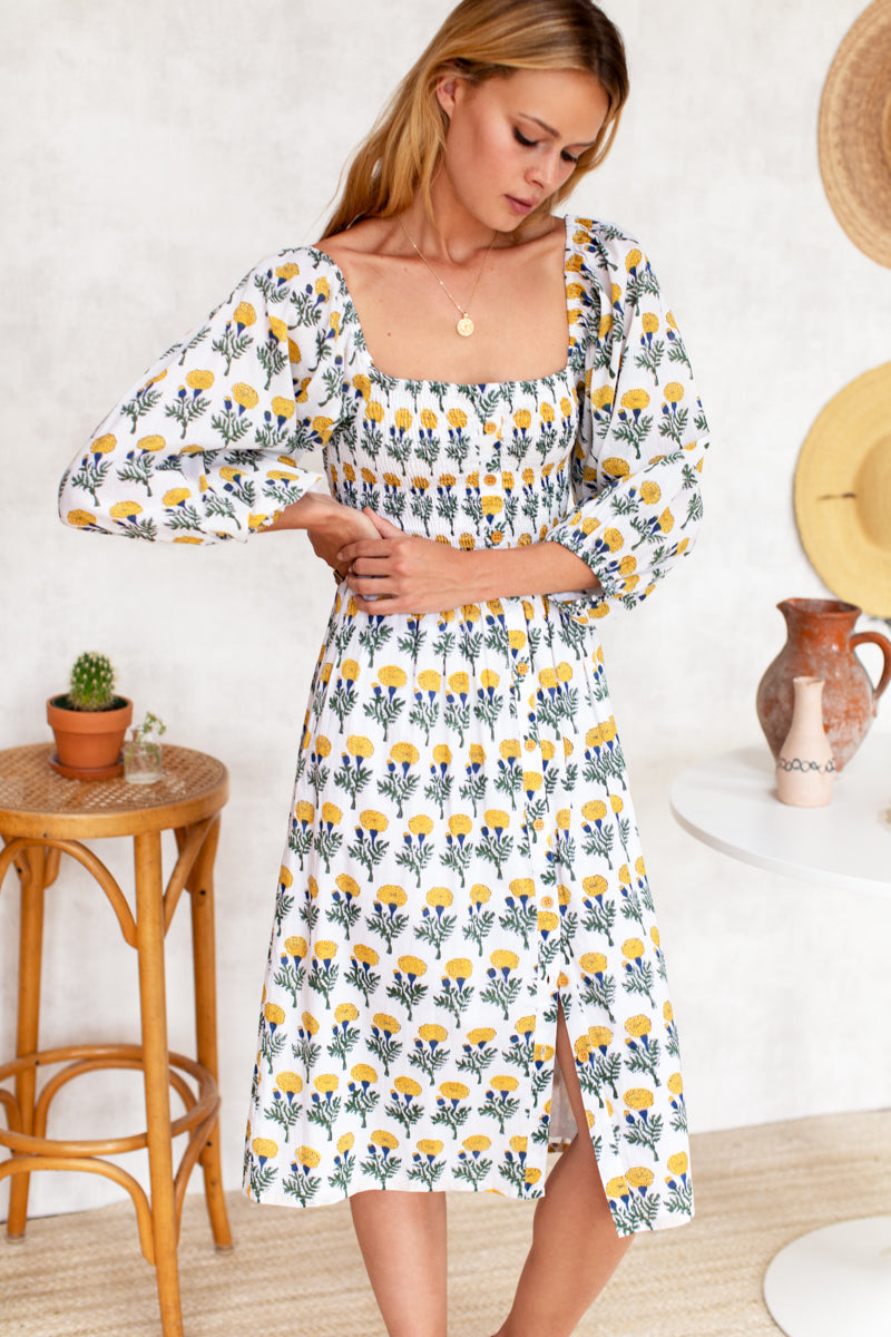 Santiago 2 Long Sleeve Dress - Big Marigolds White Organic