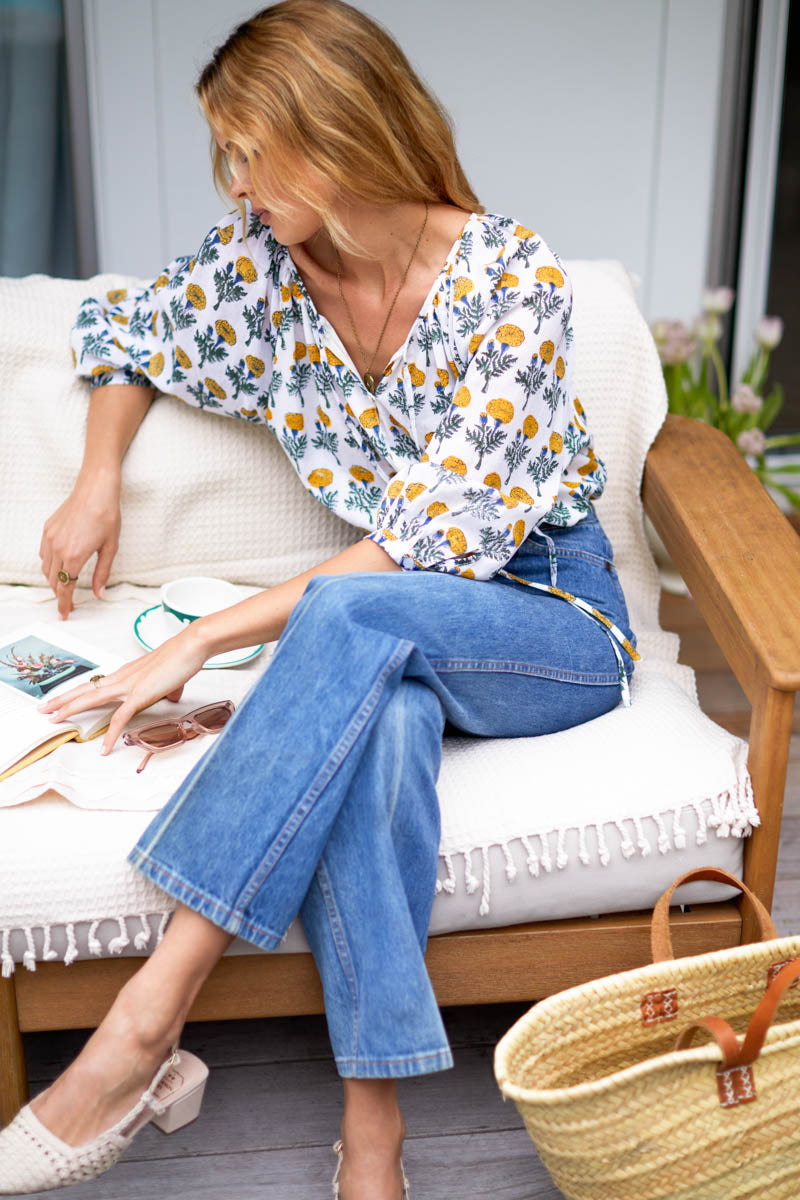 Lucy Blouse - Big Marigolds White Organic