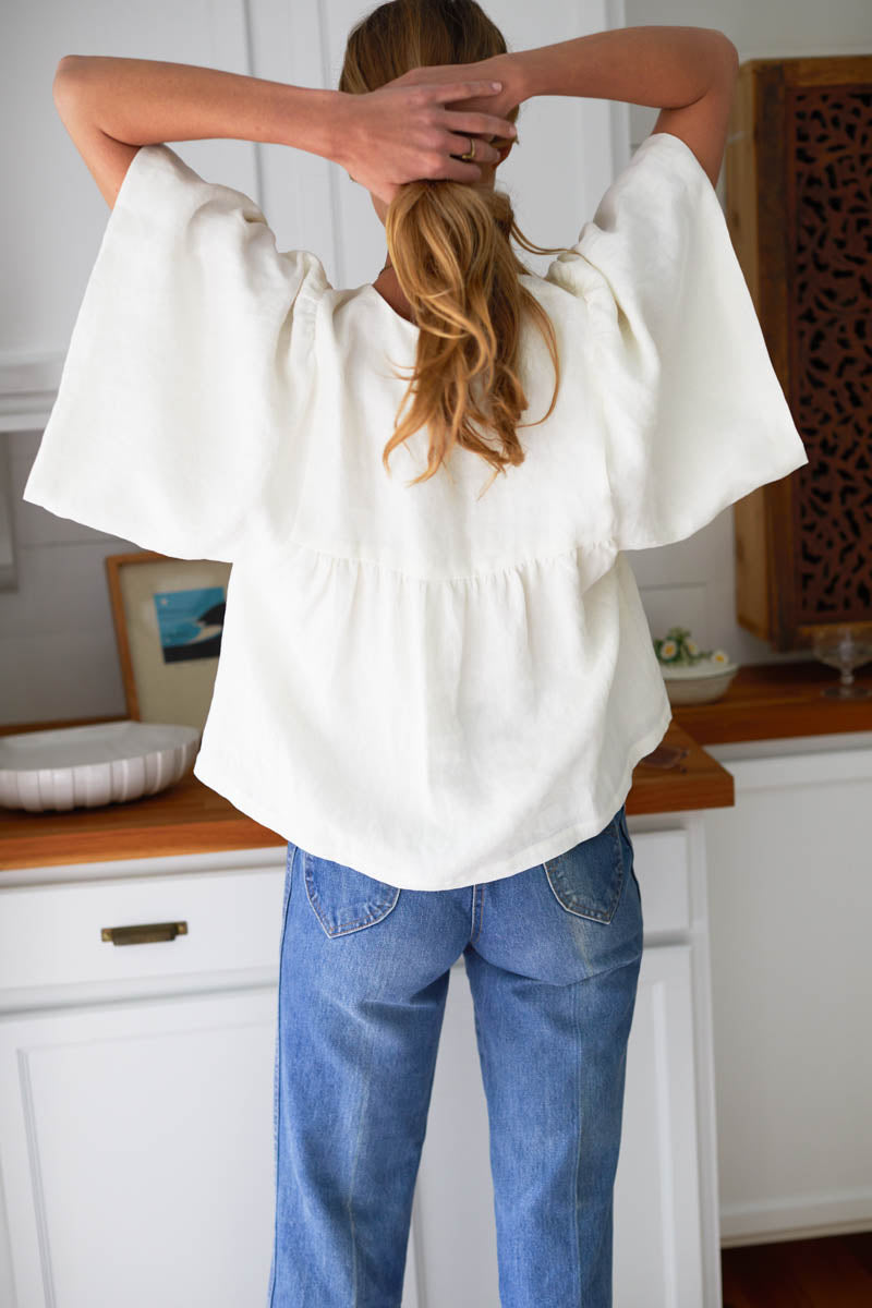 Marion Button Blouse - Salt Linen