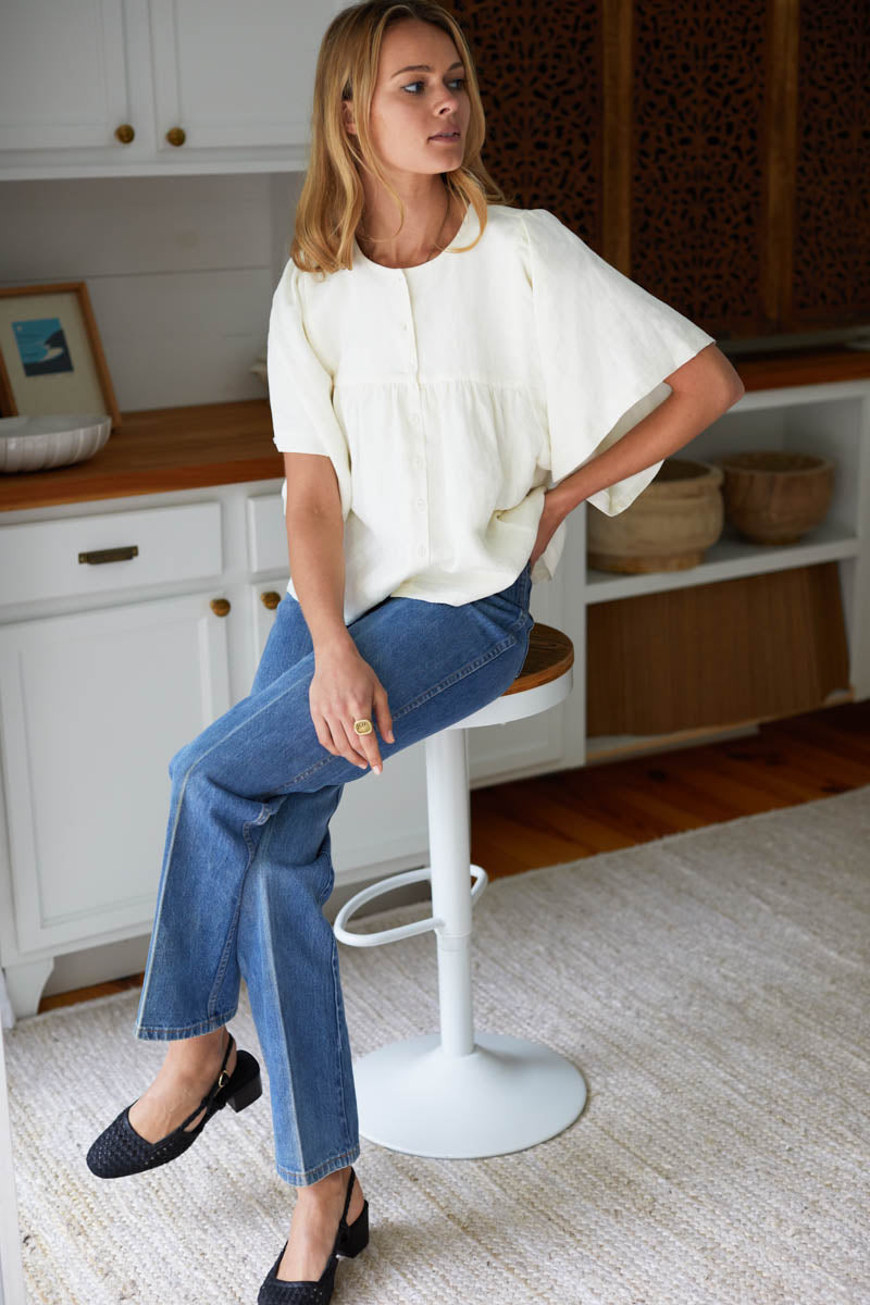 Marion Button Blouse - Salt Linen