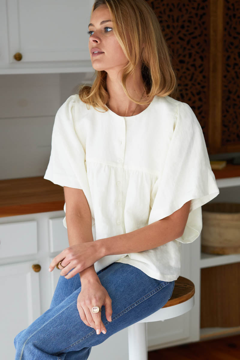 Marion Button Blouse - Salt Linen