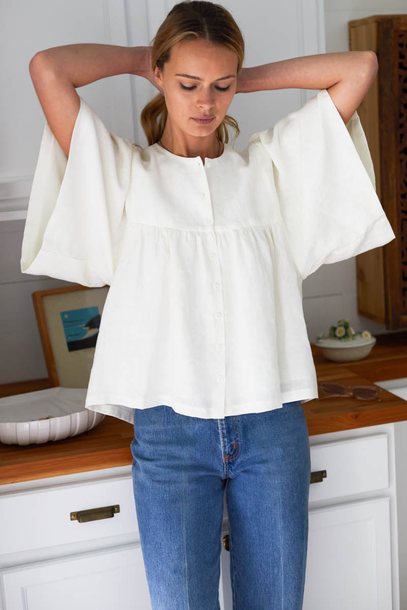 Marion Button Blouse - Salt Linen