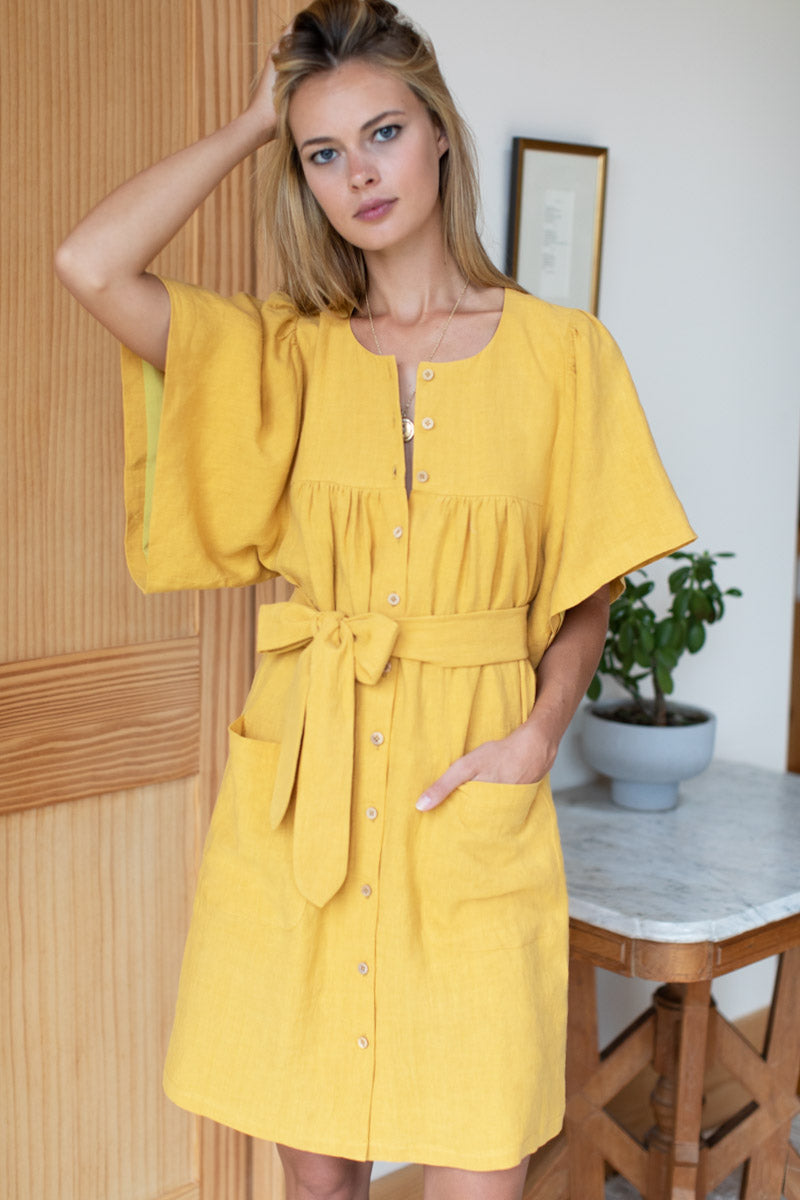 Marion Button Dress - Honey Linen