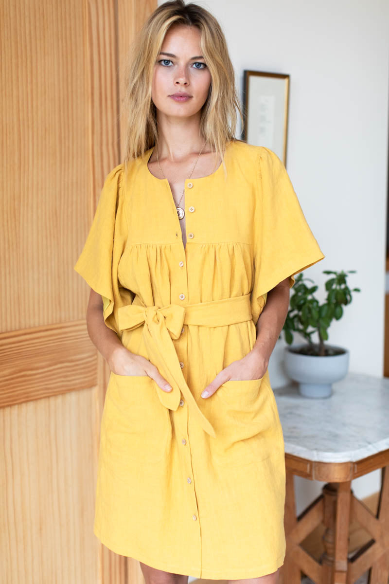 Marion Button Dress - Honey Linen