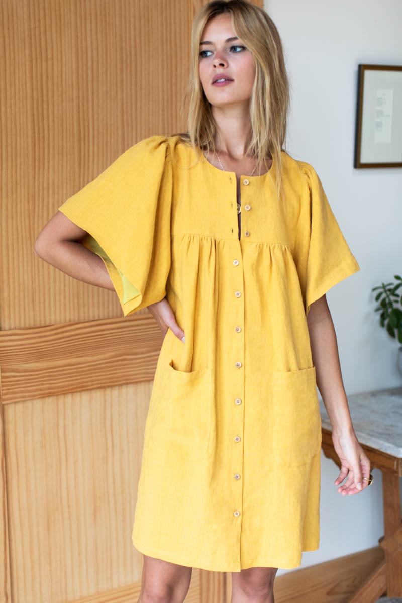 Marion Button Dress - Honey Linen