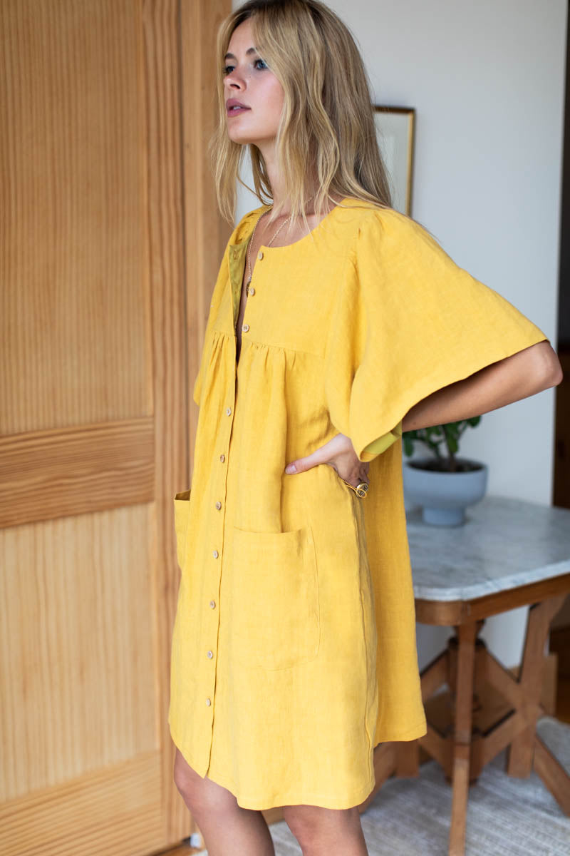 Marion Button Dress - Honey Linen