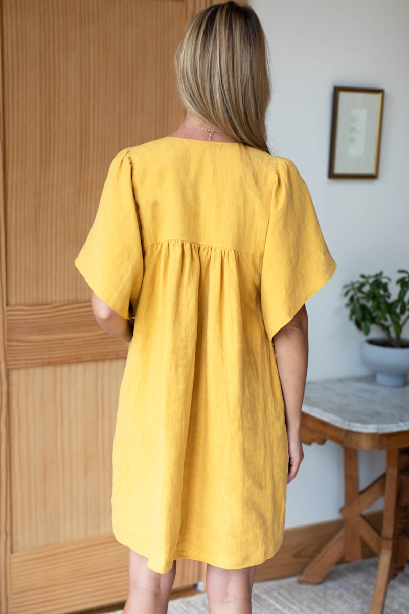 Marion Button Dress - Honey Linen