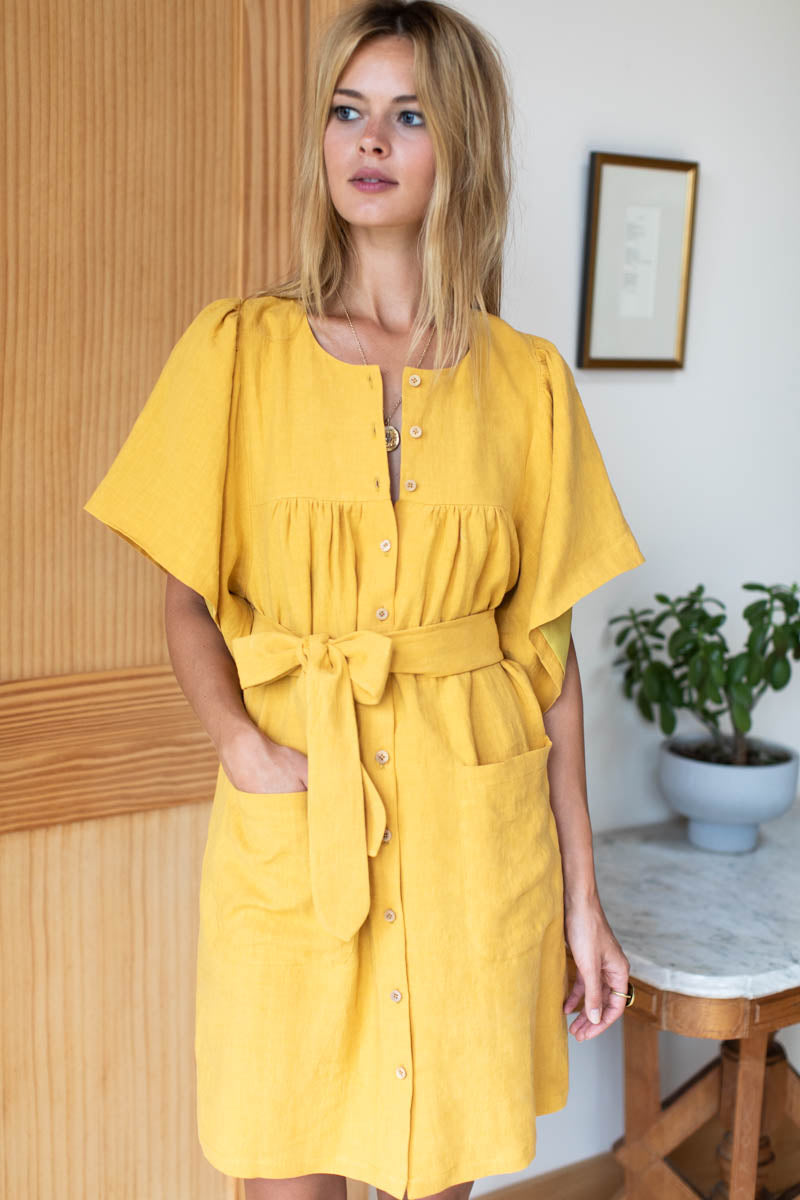 Marion Button Dress - Honey Linen