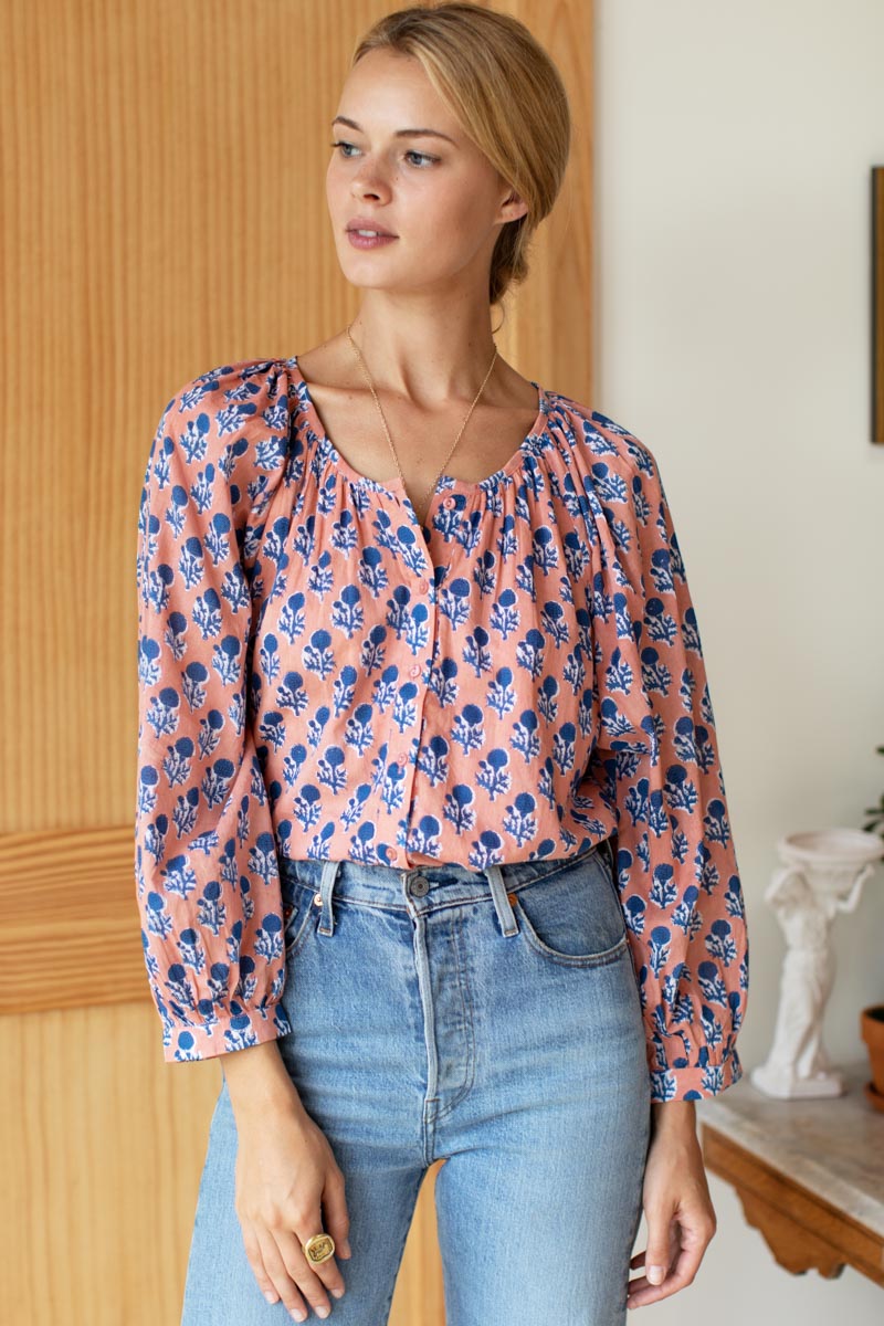 Frances Blouse - Little Marigolds Apple + Blue Organic