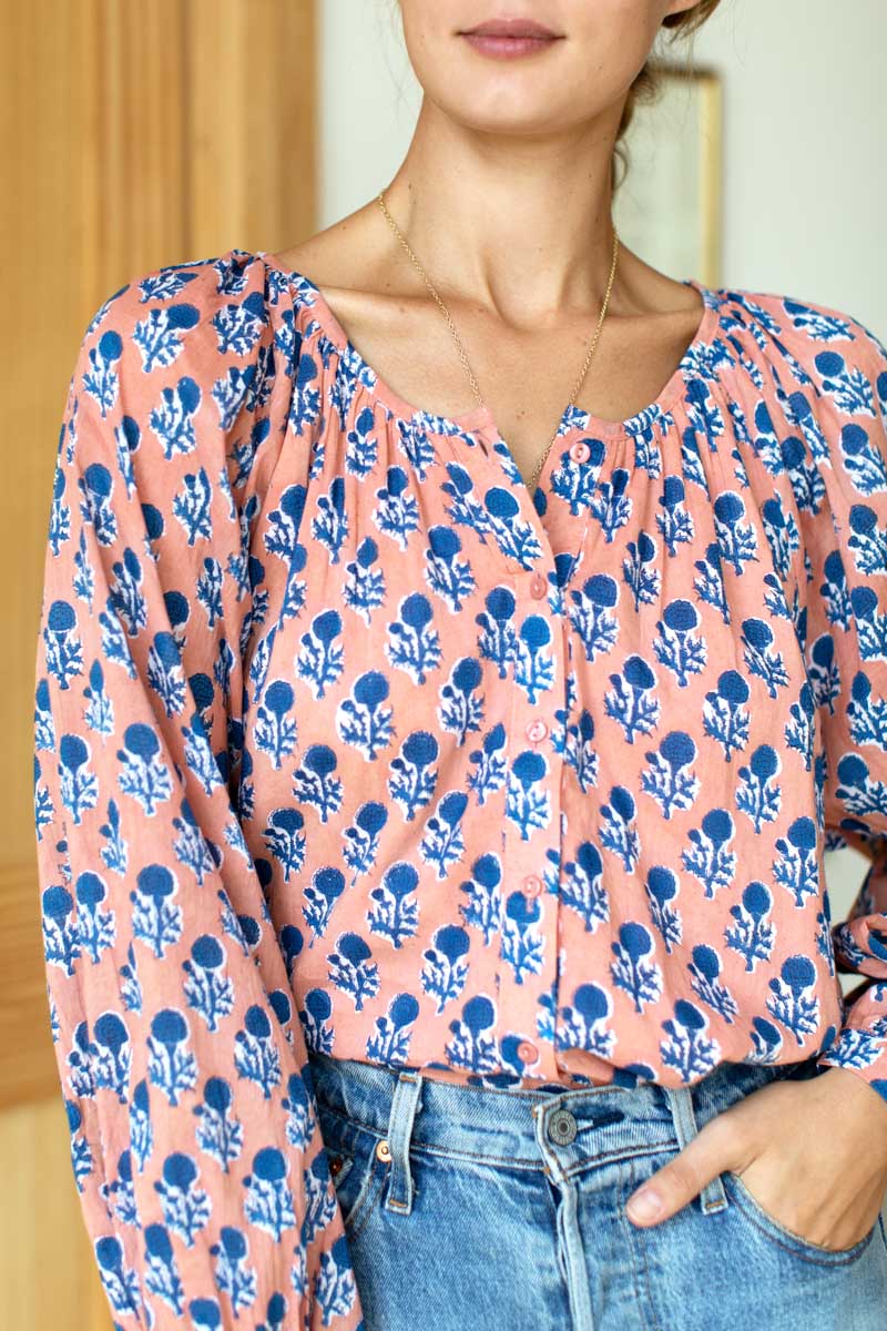 Frances Blouse - Little Marigolds Apple + Blue Organic