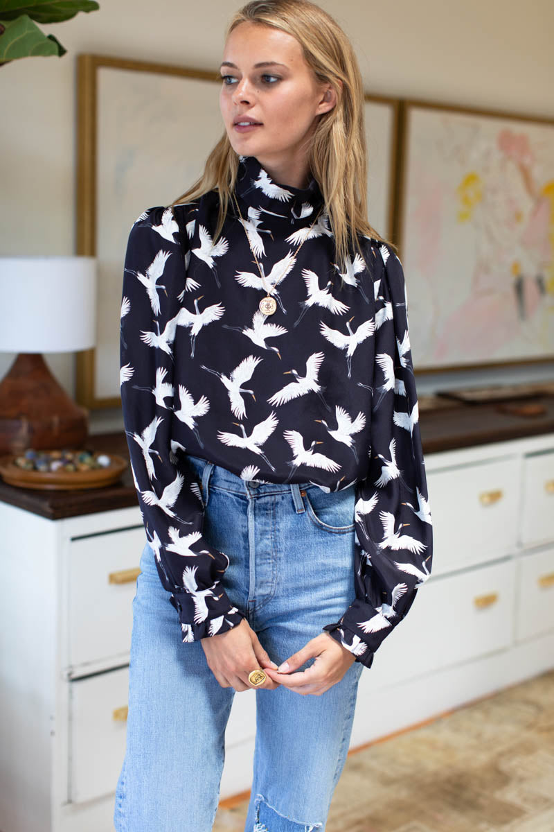 Frederique Blouse - Black Silk Crane