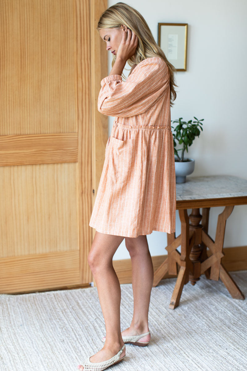 Jasmine Button Dress - Clay Hemp Stripe Organic