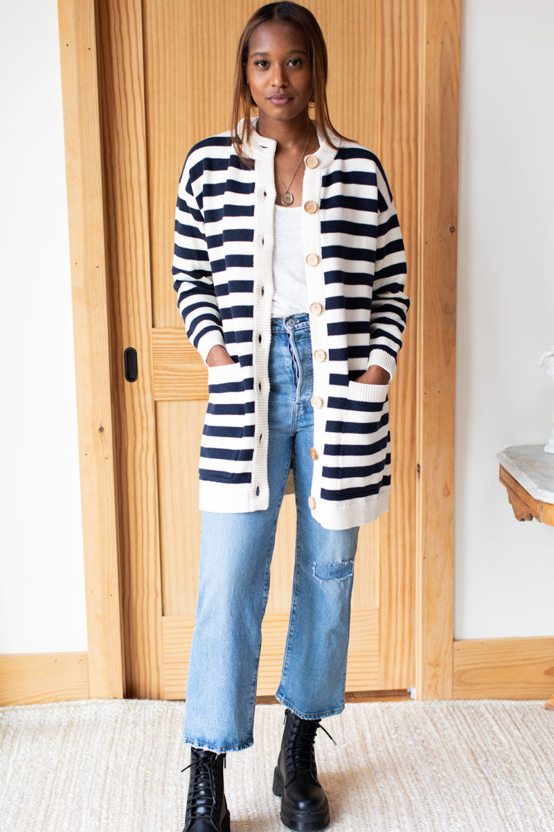 Long Cardigan - Navy French Stripe Organic