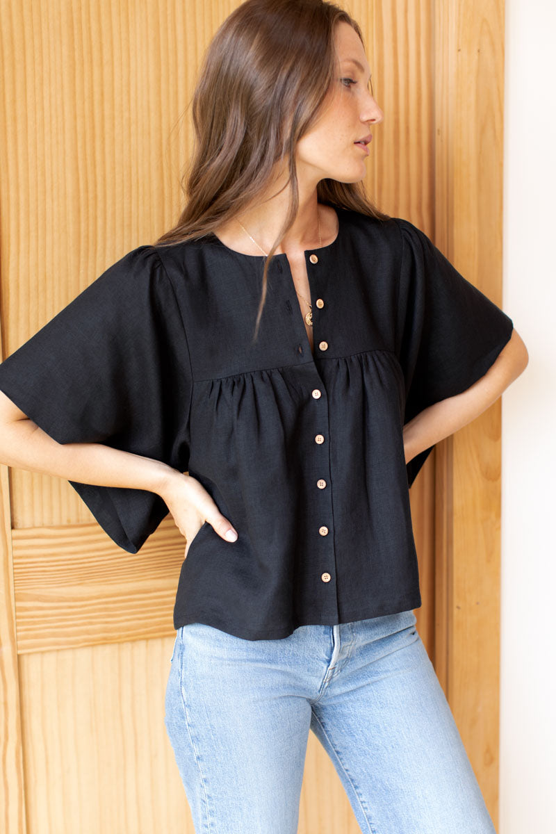 Marion Button Blouse - Black Linen