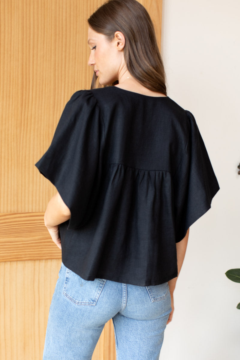 Marion Button Blouse - Black Linen