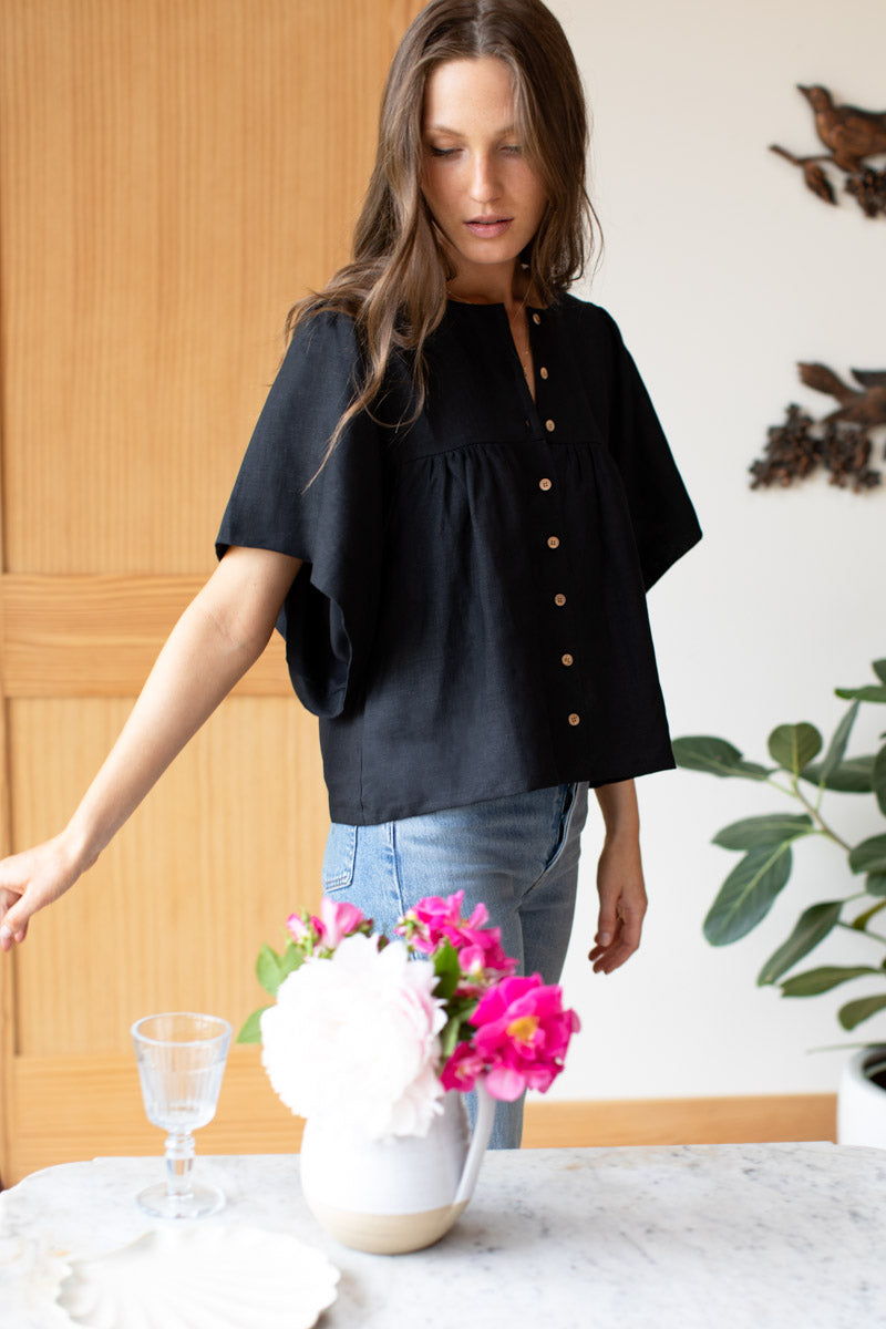 Marion Button Blouse - Black Linen