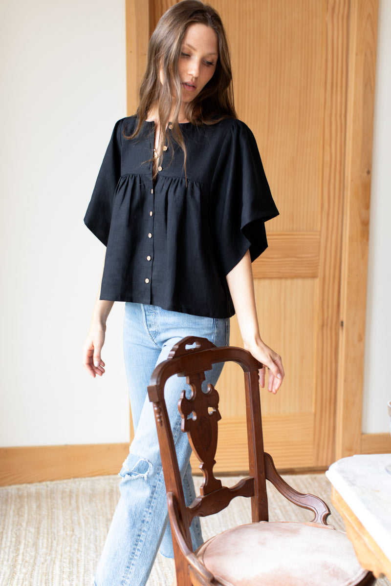 Marion Button Blouse - Black Linen