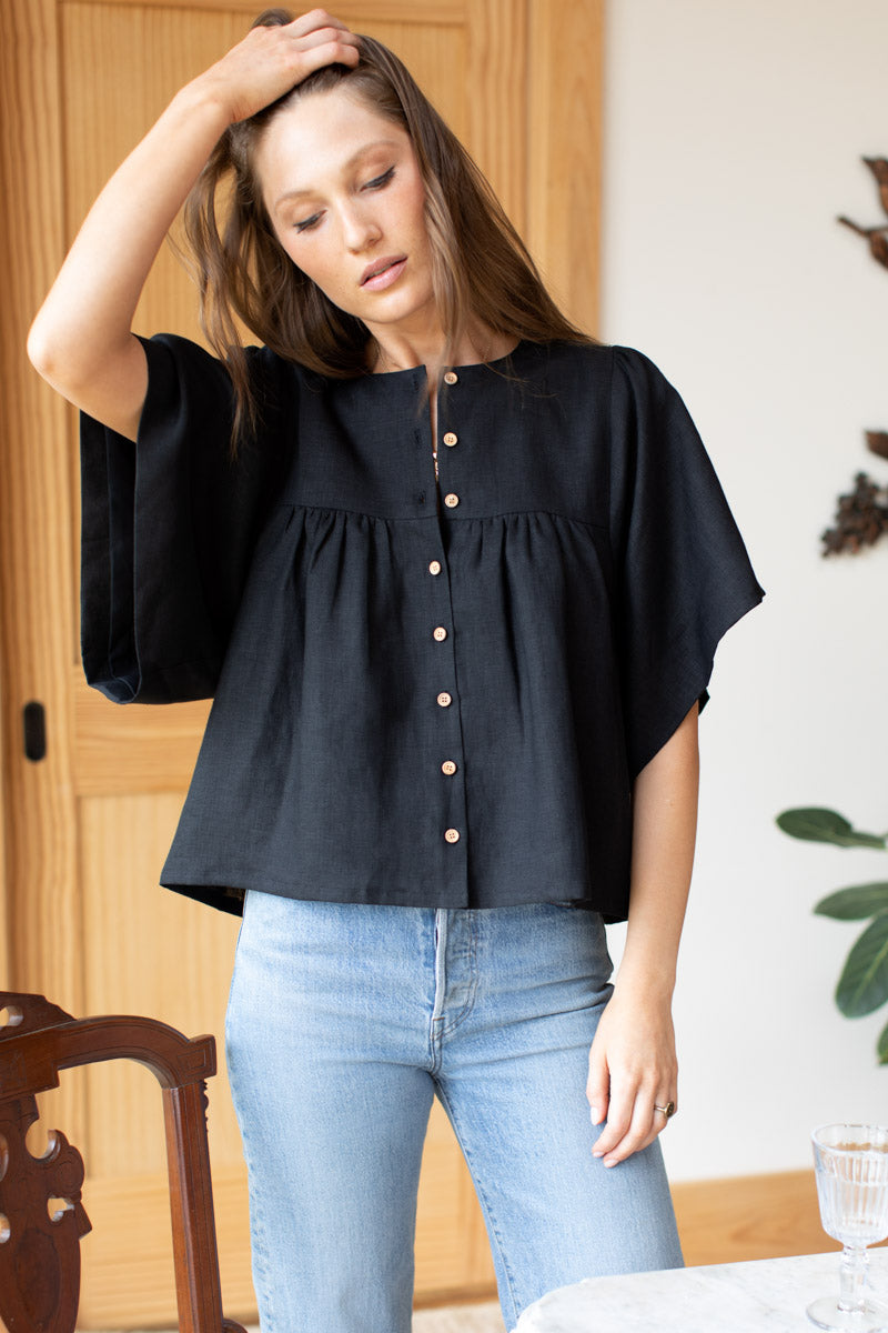 Marion Button Blouse - Black Linen