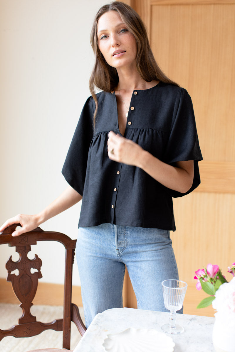 Marion Button Blouse - Black Linen