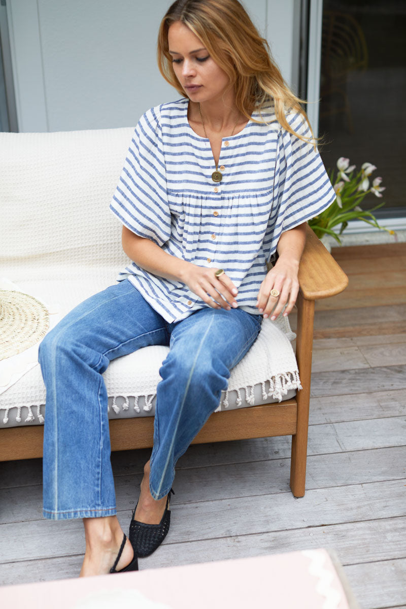 Marion Button Blouse - White + Blue Stripe