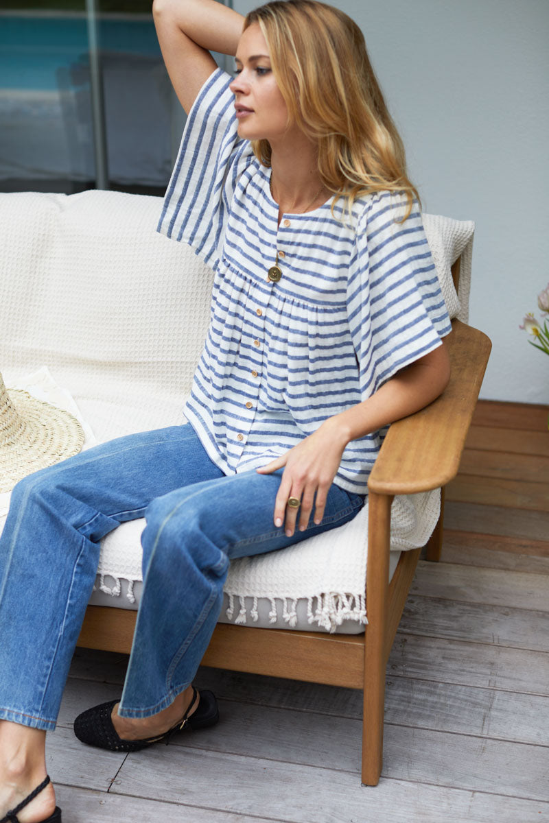 Marion Button Blouse - White + Blue Stripe