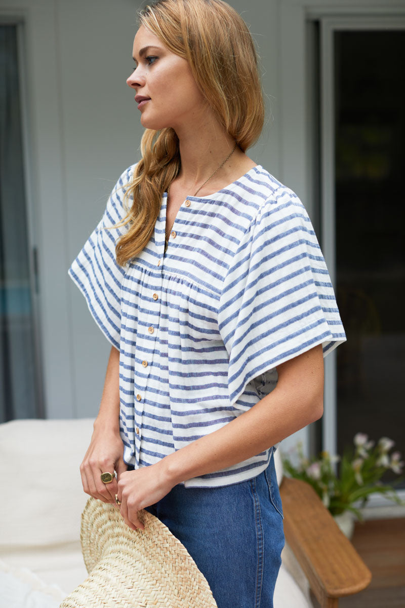 Marion Button Blouse - White + Blue Stripe