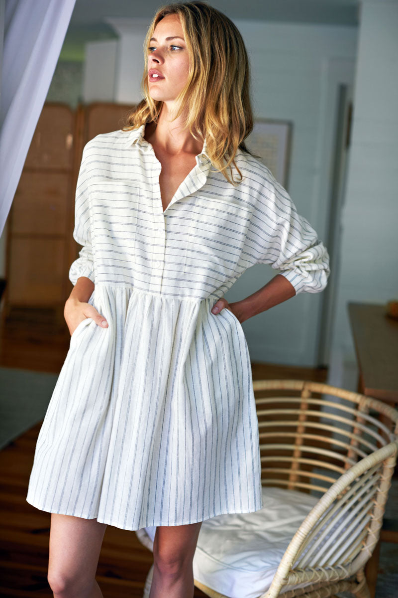 Selma Long Sleeve Dress - Ivory Hemp Stripe Organic