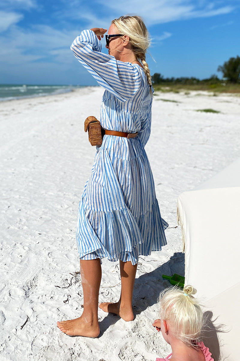 Heirloom Dress - Blue Hand Block Stripe Organic