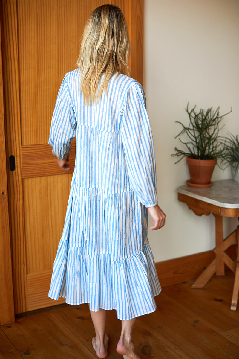 Heirloom Dress - Blue Hand Block Stripe Organic