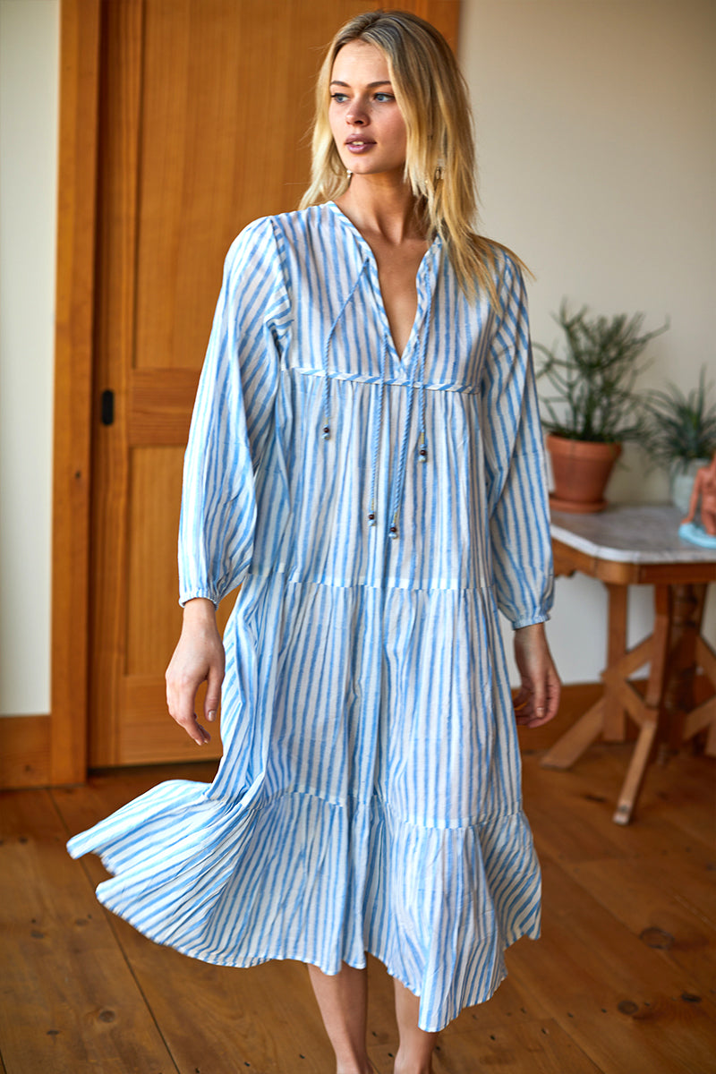 Heirloom Dress - Blue Hand Block Stripe Organic