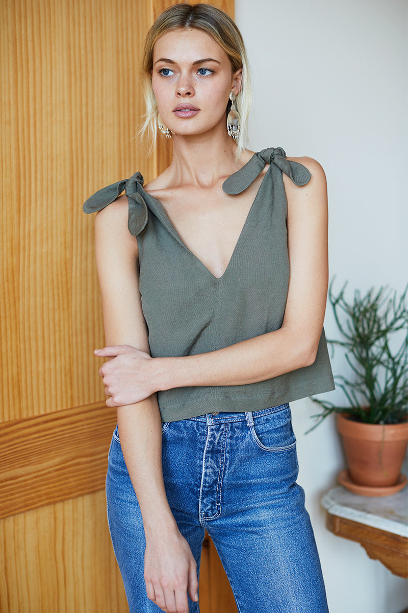 Tie Shoulder Mod Top - Army Linen