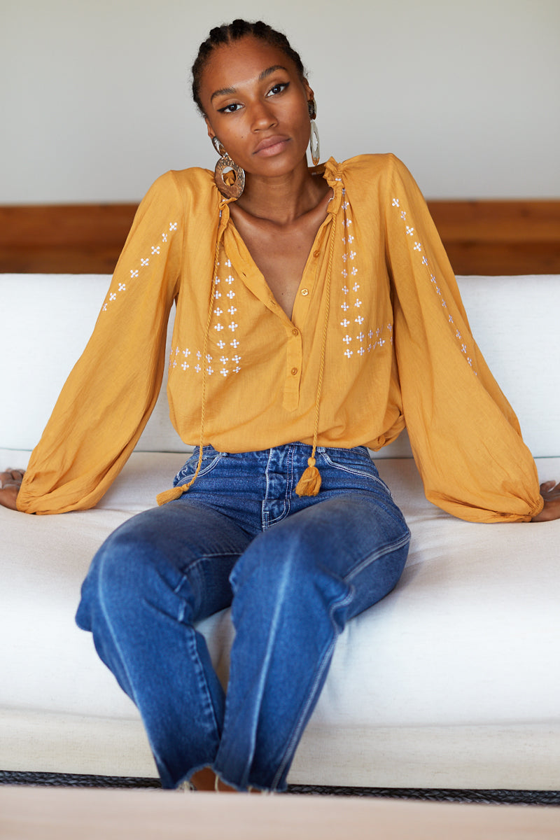 Bardot Top - Honey Embroidered