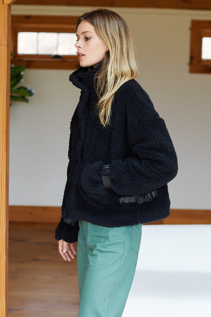 Cozy High Neck Jacket - Black Shearling