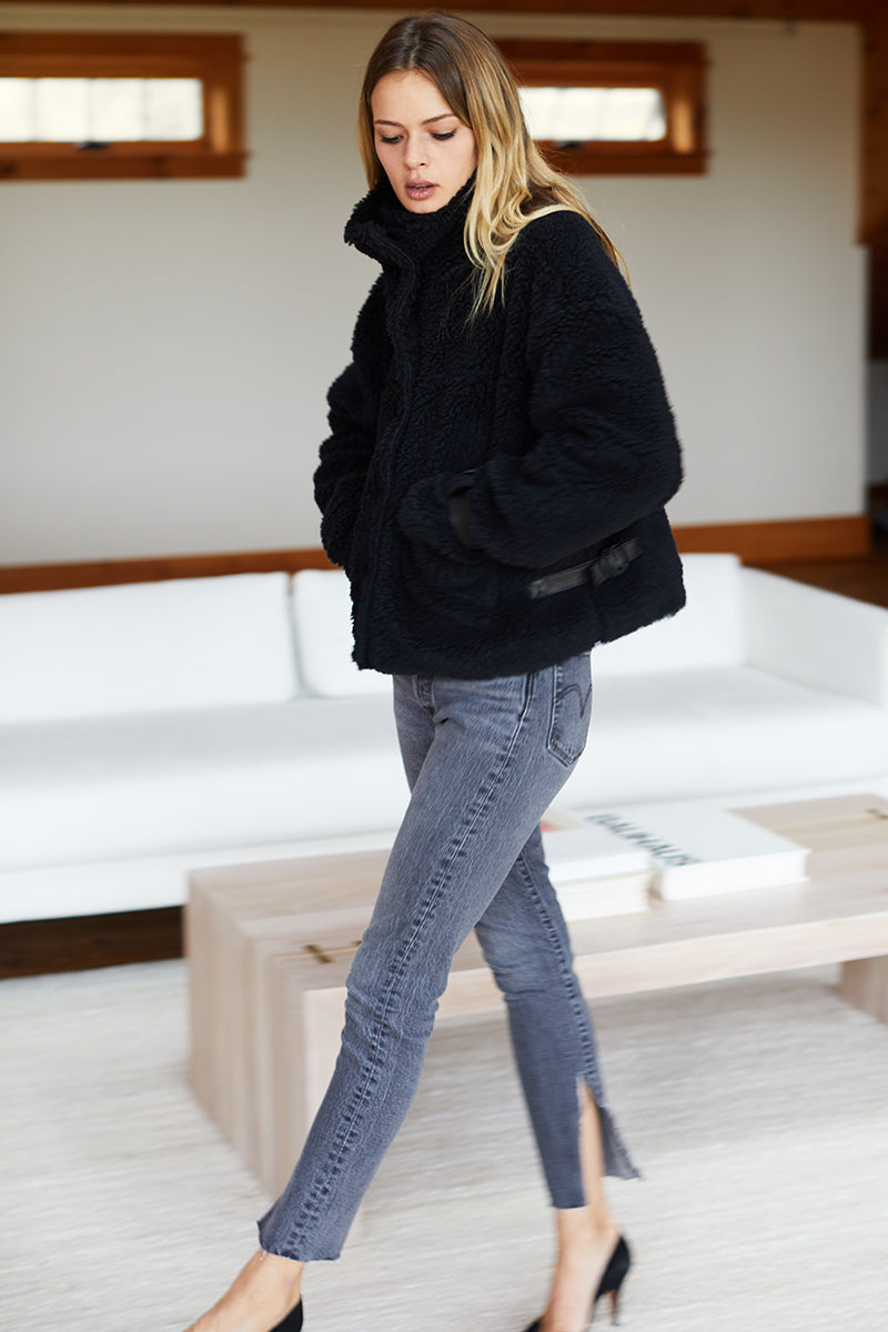 Cozy High Neck Jacket - Black Shearling