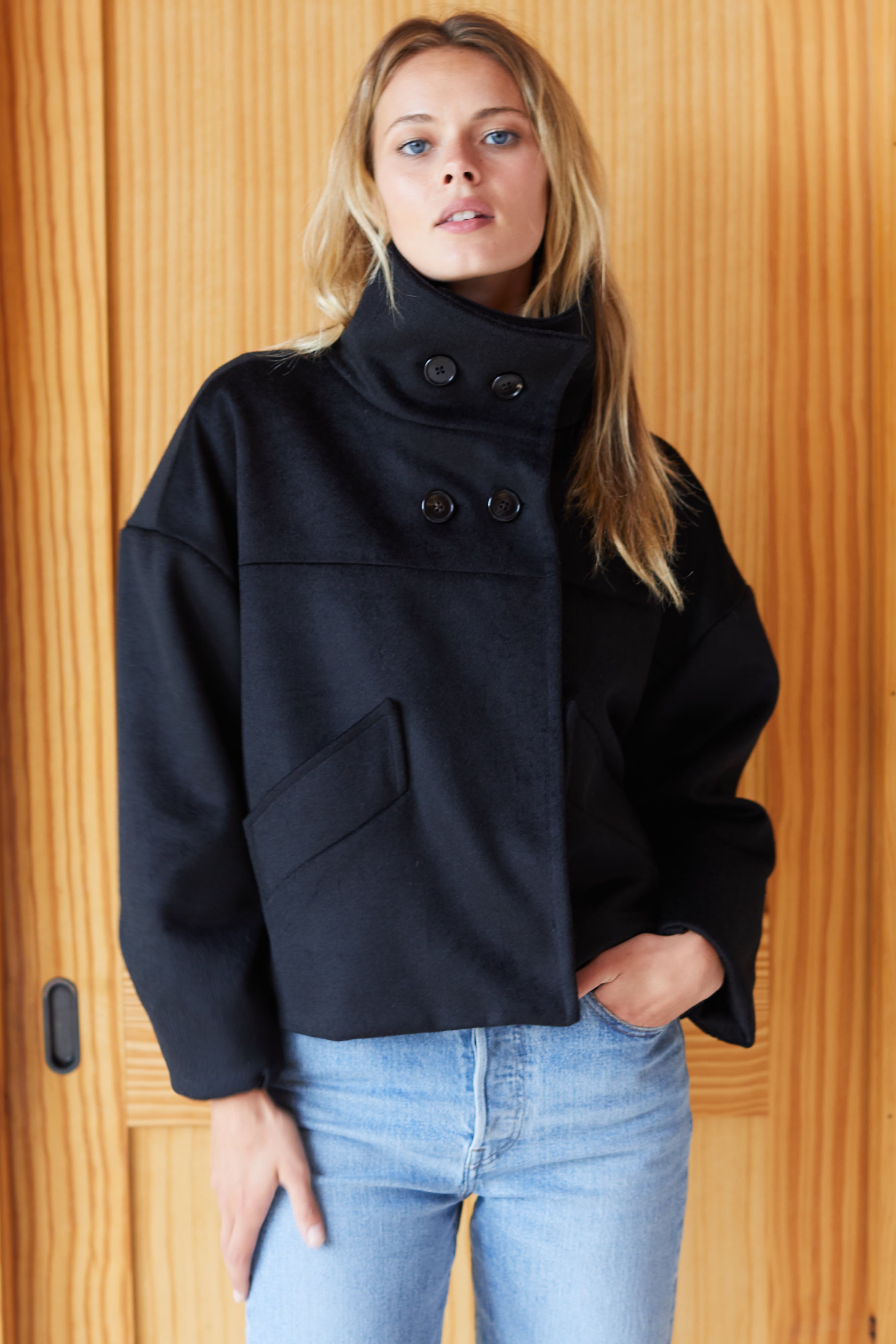 Cozy High Neck Jacket - Black Wool Cashmere