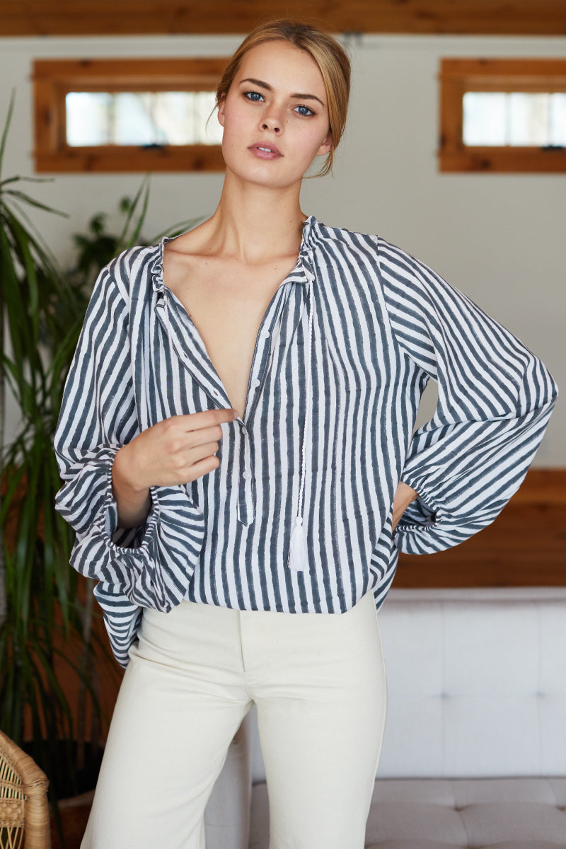 Bardot Top - Charcoal Stripe