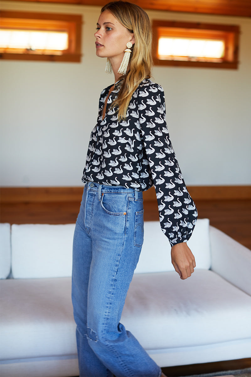 Frankie Blouse - Swans Black Silk