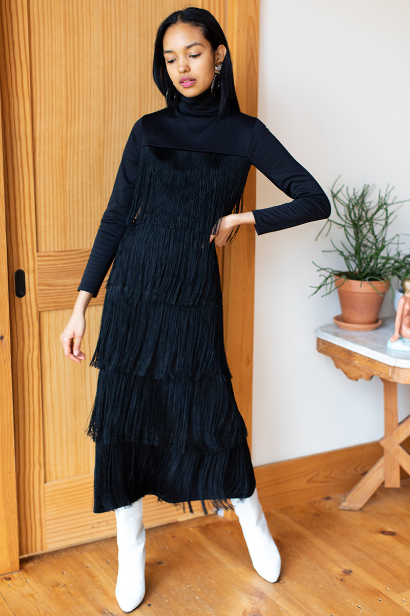 Fringe Midi Dress - Black